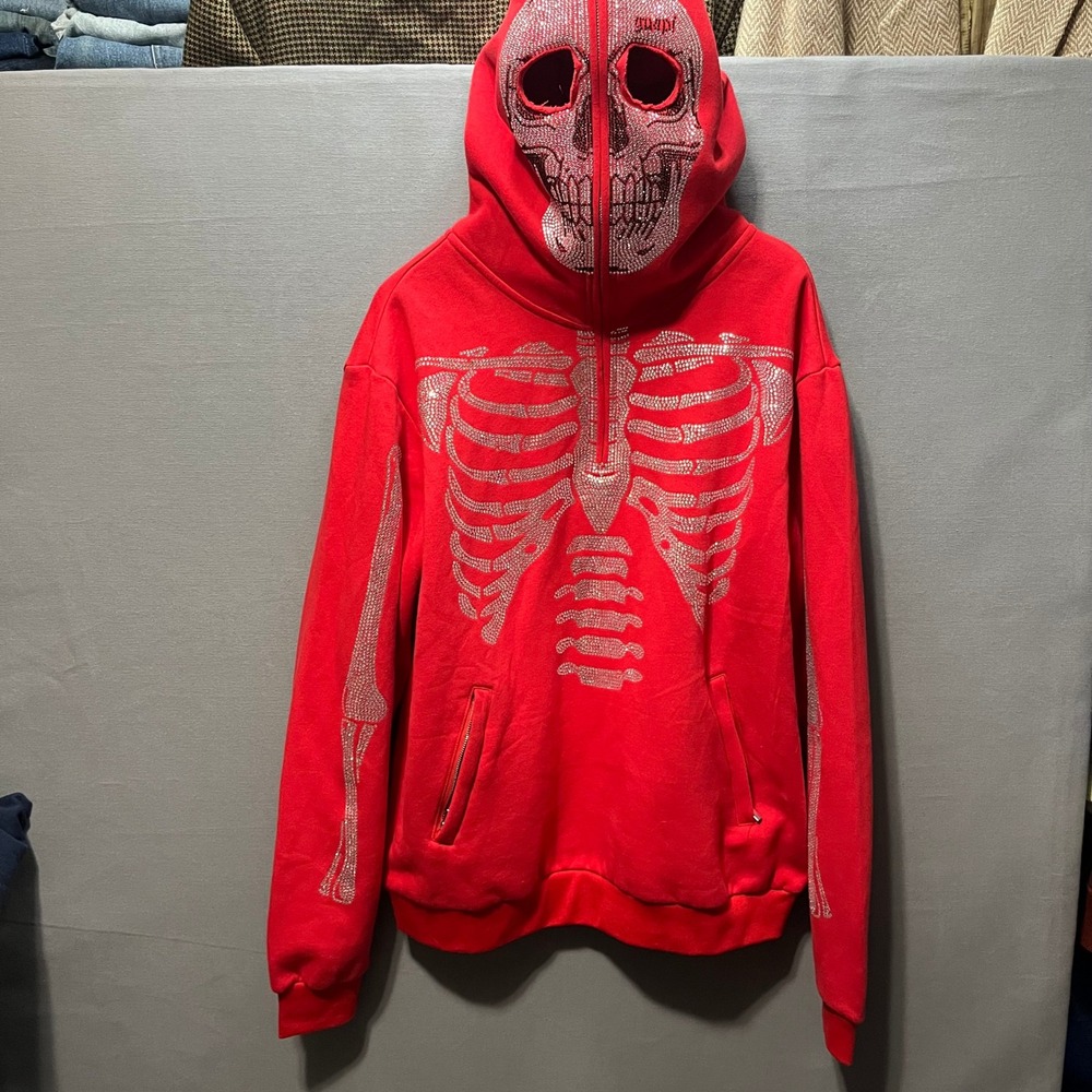Guapi Aaron Wilhelm Red Skeleton Rhinestone Full Zip Skull Mask Hoodie Large